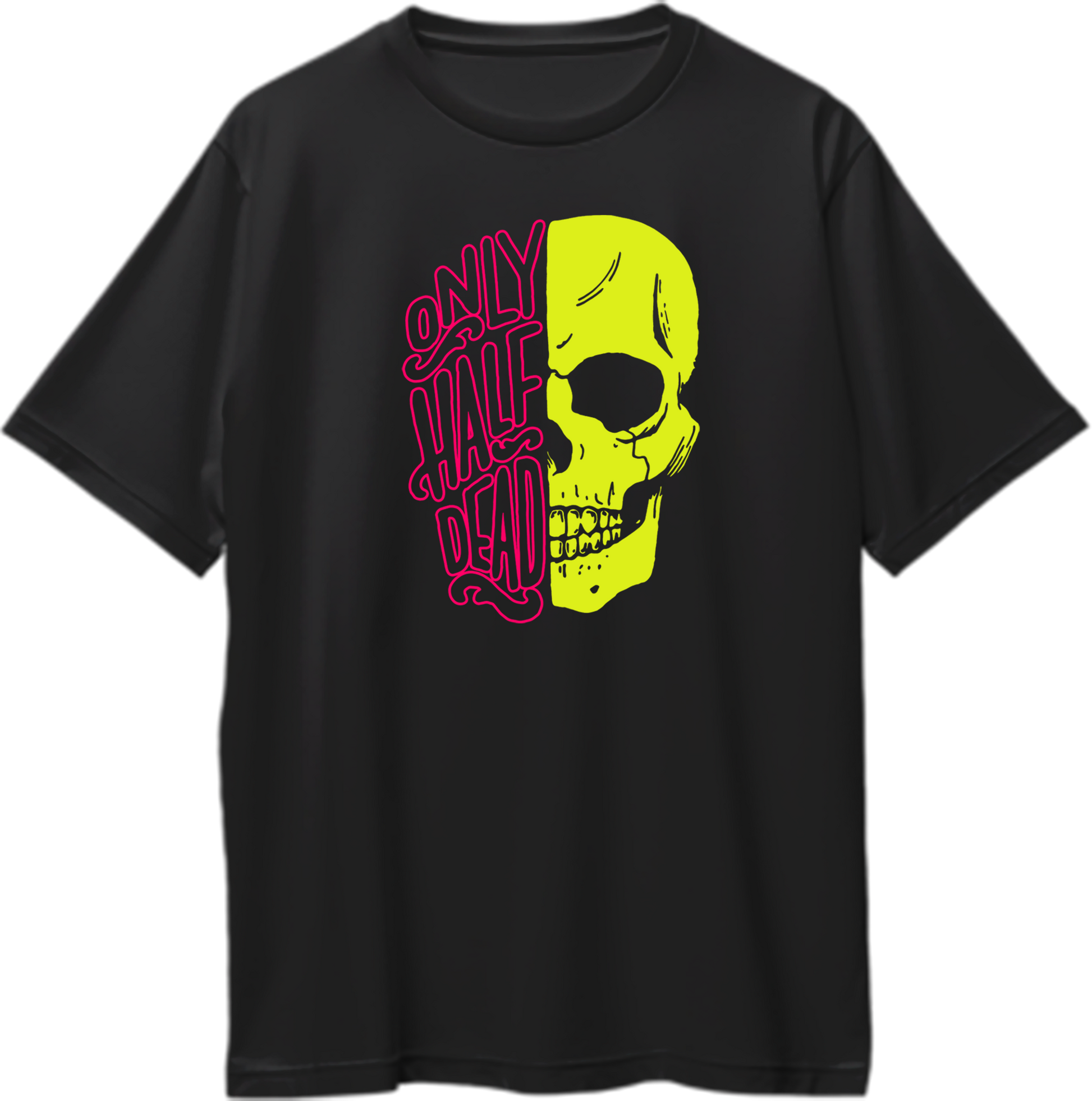 Only Half Dead Oversized T-Shirt with neon yellow half skull and pink typography on black