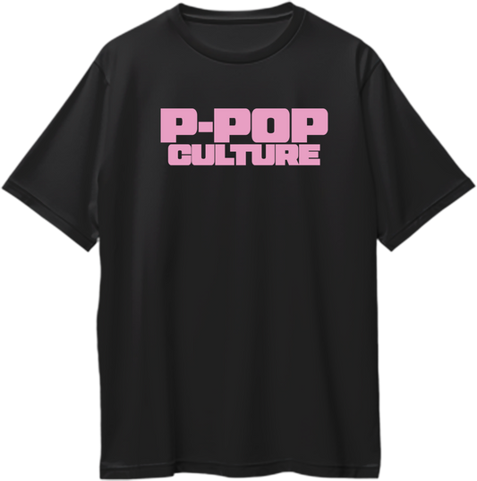 Black oversized T-shirt with soft pink bold text reading P-POP CULTURE inspired by Karan Aujla style.