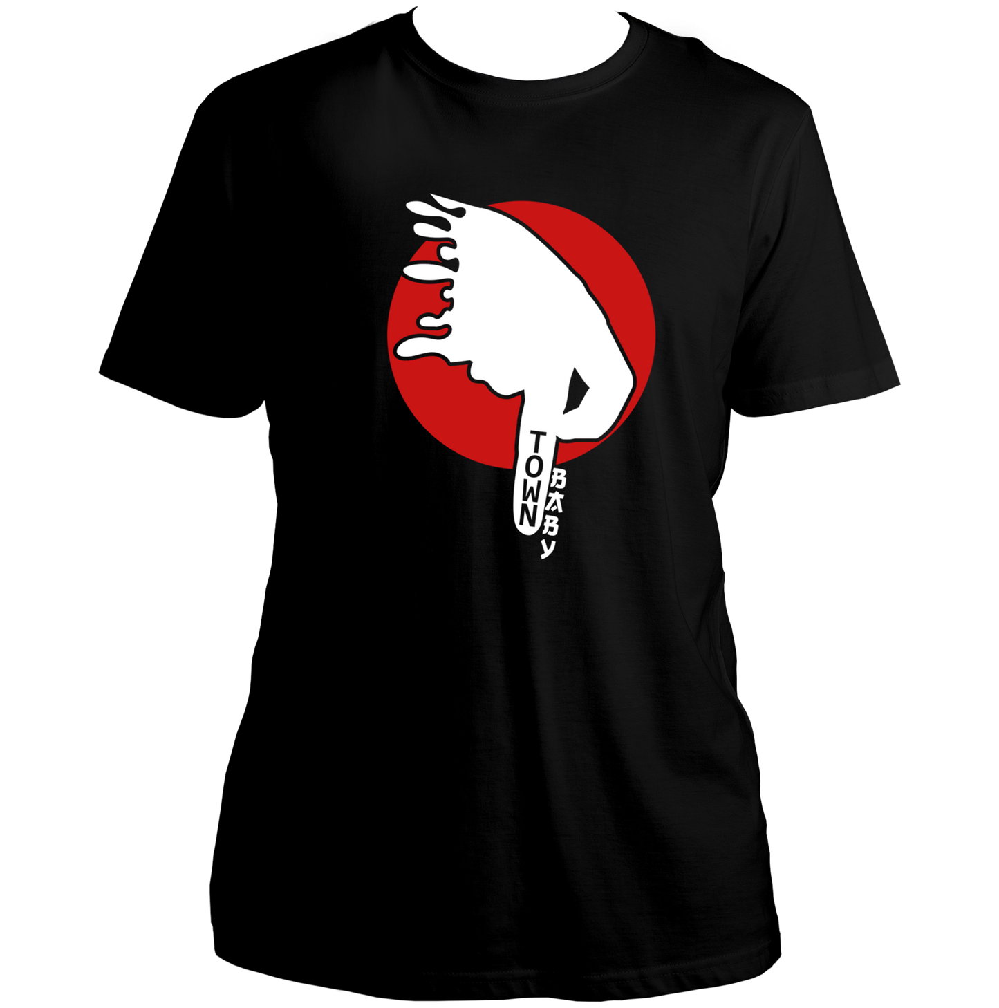 Black P Town Baby Unisex T-Shirt with red and white streetwear graphic by Garrari