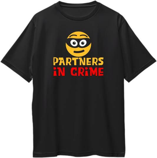 Partners In Crime oversized black T-shirt with emoji graphic – matching brother sister Rakhi combo tee