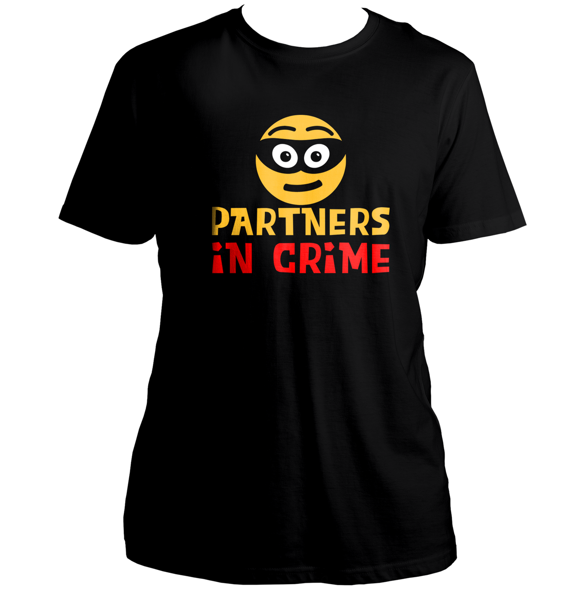 Black Partners In Crime Unisex T-Shirt by Garrari with yellow masked face and red statement typography print