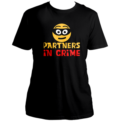 Black Partners In Crime Unisex T-Shirt by Garrari with yellow masked face and red statement typography print