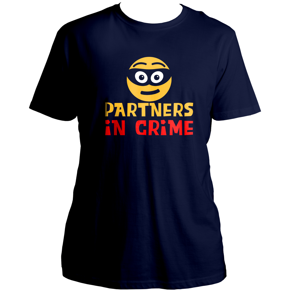 Navy Blue Partners In Crime Unisex T-Shirt by Garrari with yellow masked face and red statement typography print