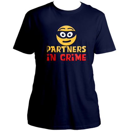 Navy Blue Partners In Crime Unisex T-Shirt by Garrari with yellow masked face and red statement typography print