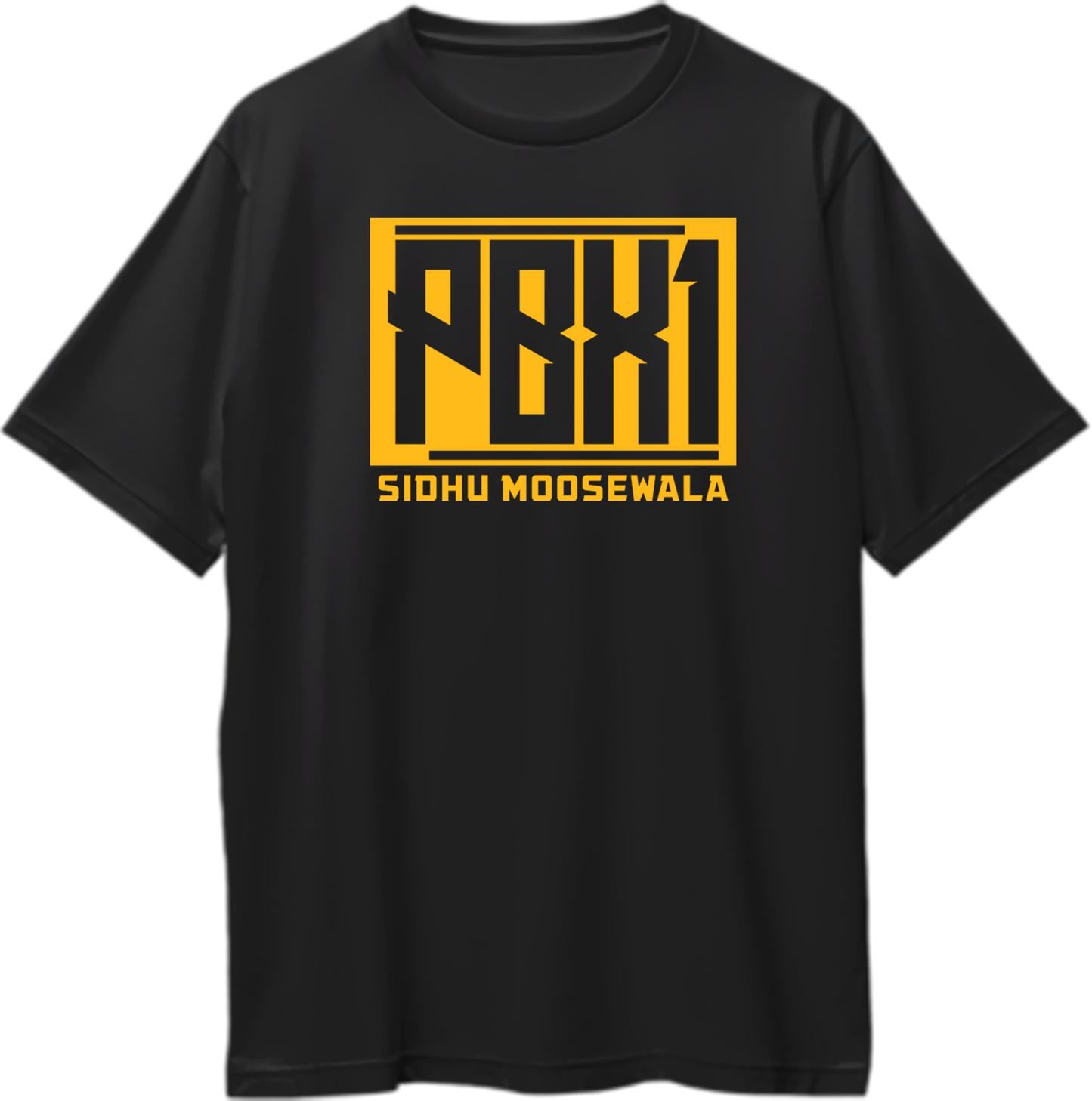 "Front view of PBX 1 Sidhu Moose Wala oversized unisex t-shirt in black."