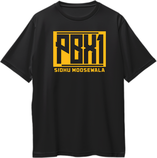 "Front view of PBX 1 Sidhu Moose Wala oversized unisex t-shirt in black."