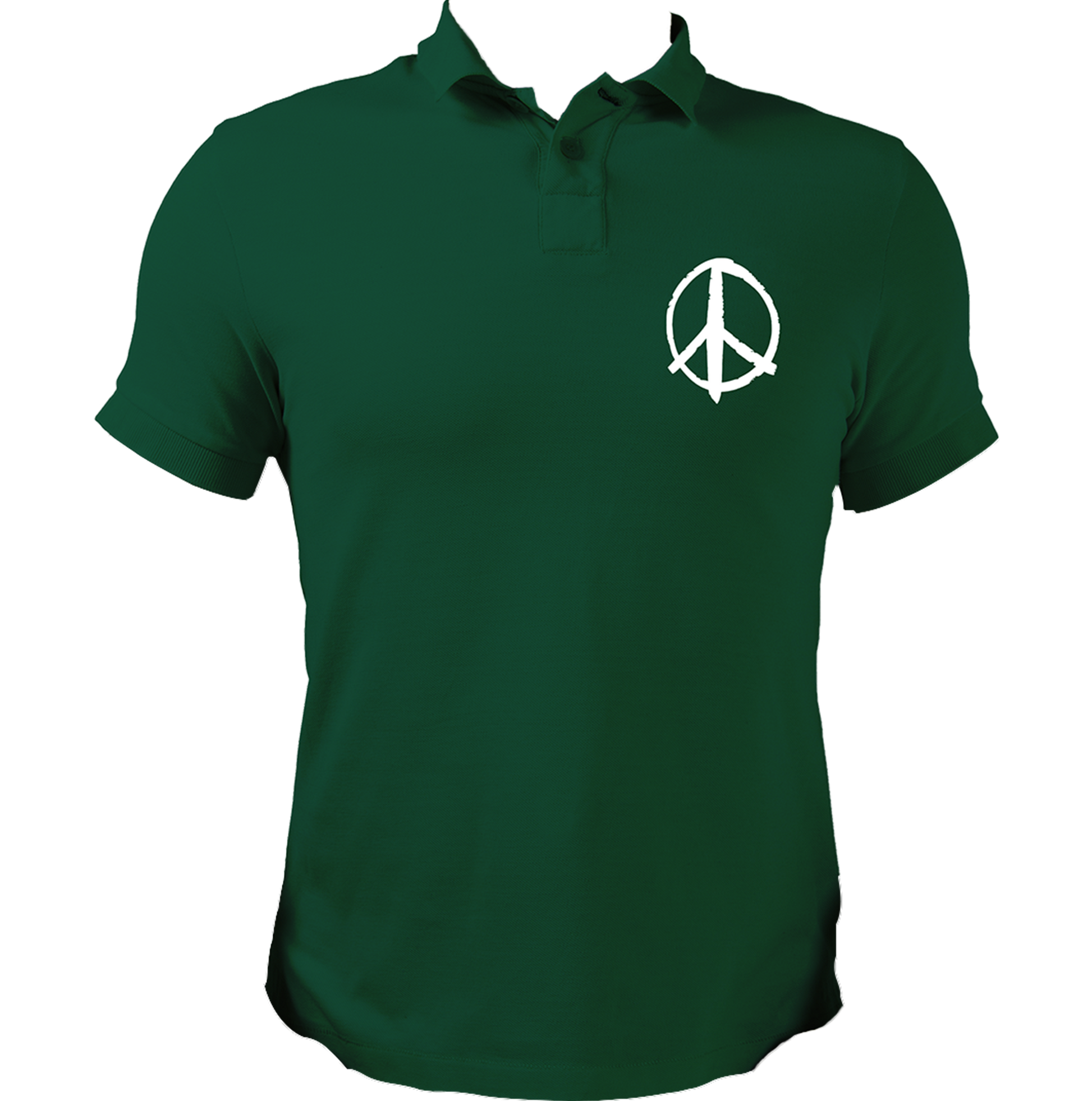 Dark Green Peace Sign Polo T-Shirt with white peace symbol chest print