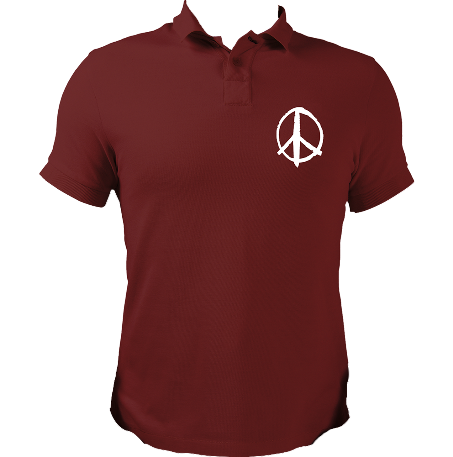 Maroon Peace Sign Polo T-Shirt with white peace symbol chest print