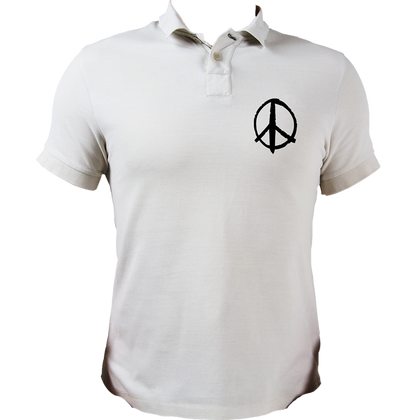 White Peace Sign Polo T-Shirt with brush-style peace symbol chest print