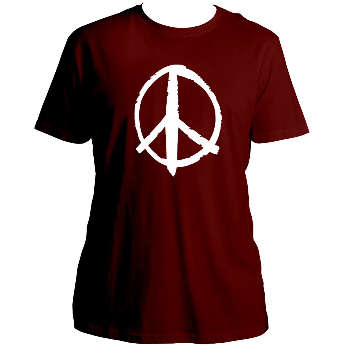 Maroon Peace Sign Unisex T-Shirt with white brush-style peace symbol