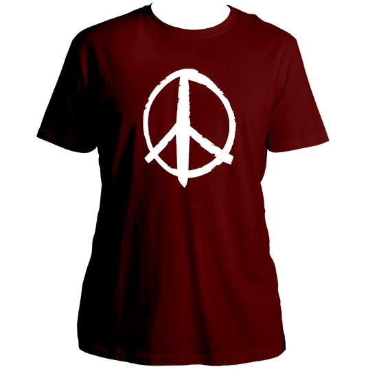 Maroon Peace Sign Unisex T-Shirt with white brush-style peace symbol