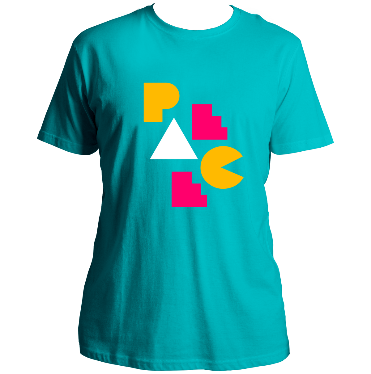 Aqua Blue Geometric Peace Unisex T-Shirt with colourful PEACE graphic