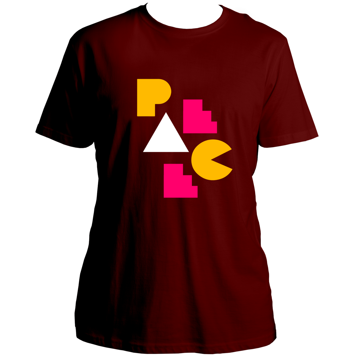 Maroon Geometric Peace Unisex T-Shirt with colourful abstract PEACE design