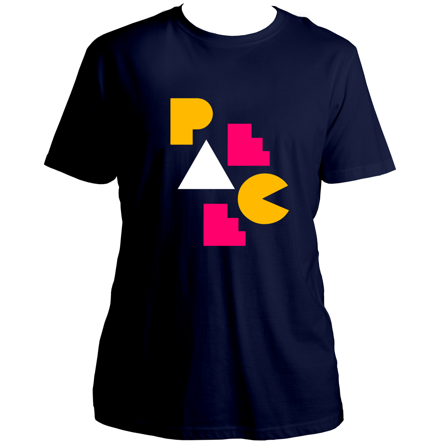 Navy Blue Geometric Peace Unisex T-Shirt with colourful geometric typography