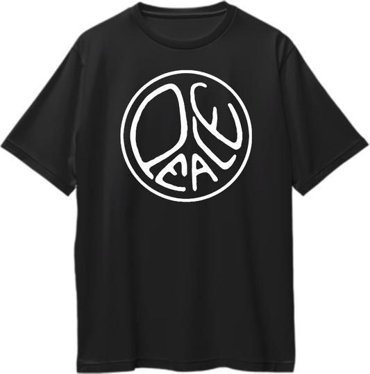 Black Peace Oversized T-Shirt featuring a white hand-drawn circular peace graphic