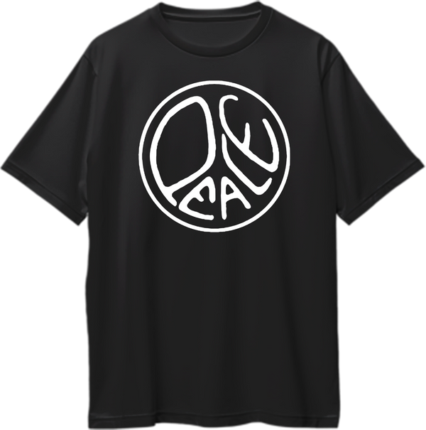 Black Peace Oversized T-Shirt featuring a white hand-drawn circular peace graphic