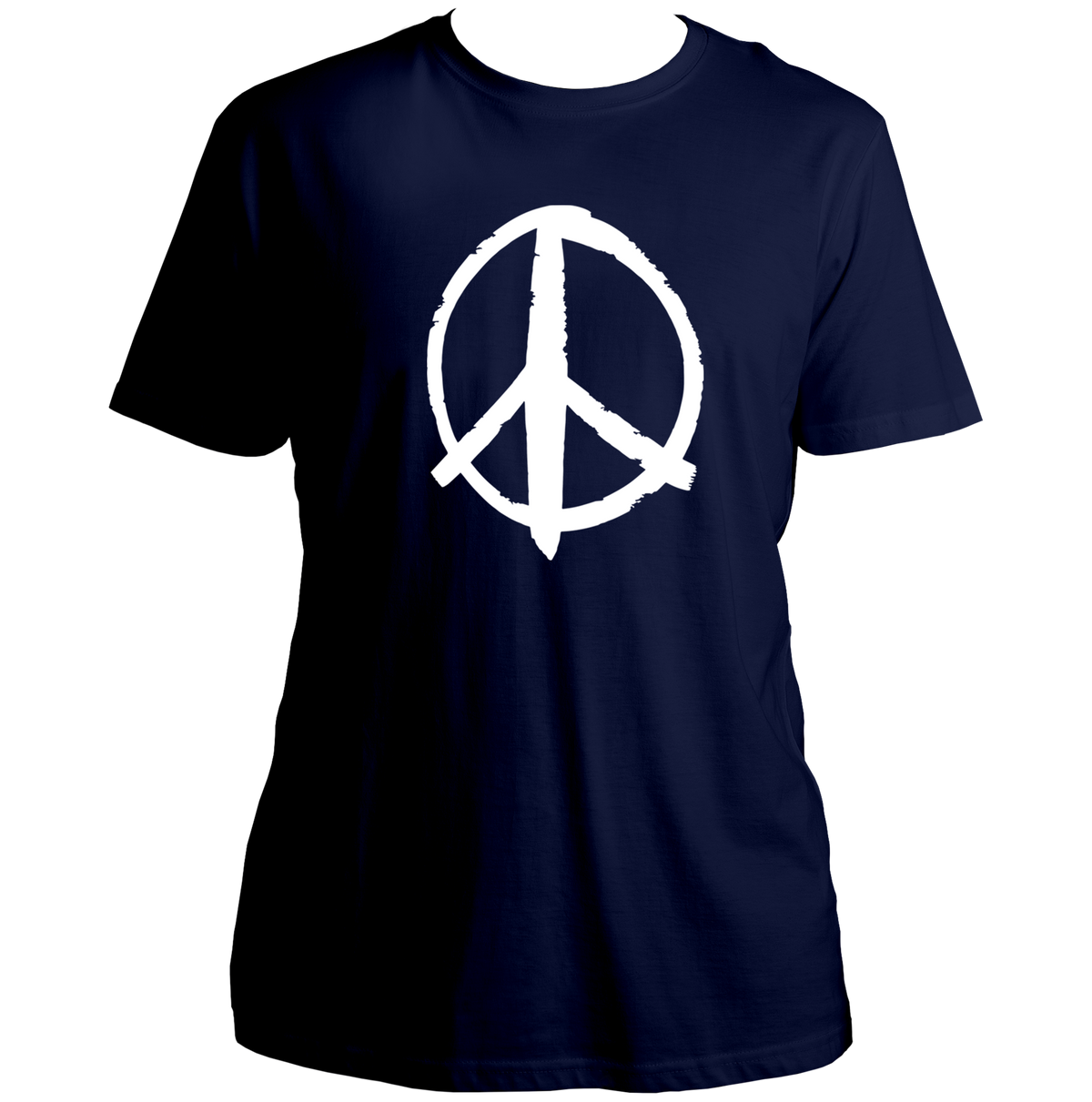 Navy Blue Peace Sign Unisex T-Shirt with white brush-style peace symbol