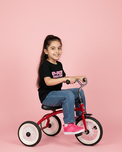 Girl wearing black P-Pop Culture Karan Aujla T-Shirt with pink block print – Garrari Kids Tee