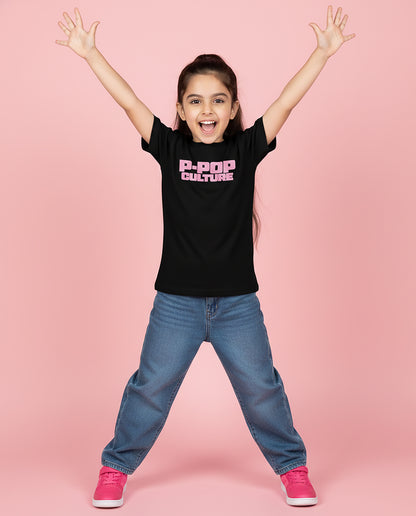 Girl wearing black P-Pop Culture Karan Aujla T-Shirt with pink block print – Garrari Kids Tee