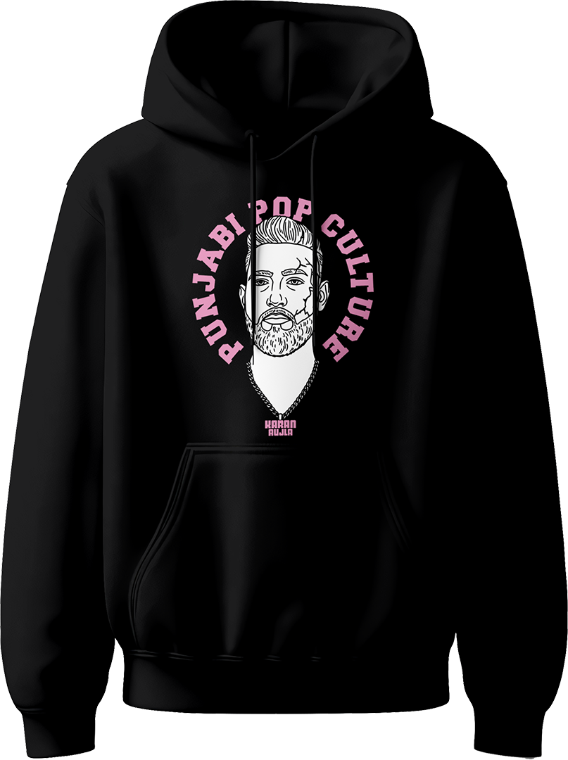 unisex hoodie with pink 'Punjabi Pop Culture' text and line-art portrait inspired by Karan Aujla.