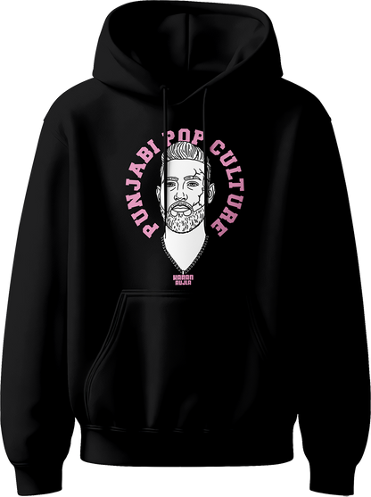 unisex hoodie with pink 'Punjabi Pop Culture' text and line-art portrait inspired by Karan Aujla.