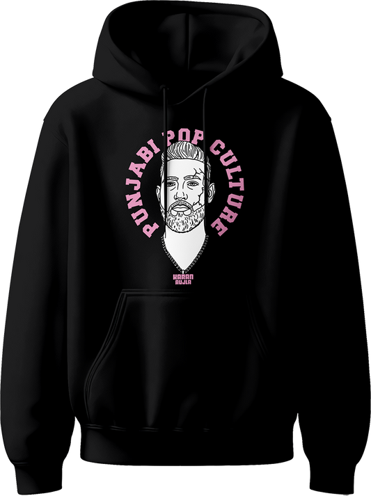 unisex hoodie with pink 'Punjabi Pop Culture' text and line-art portrait inspired by Karan Aujla.