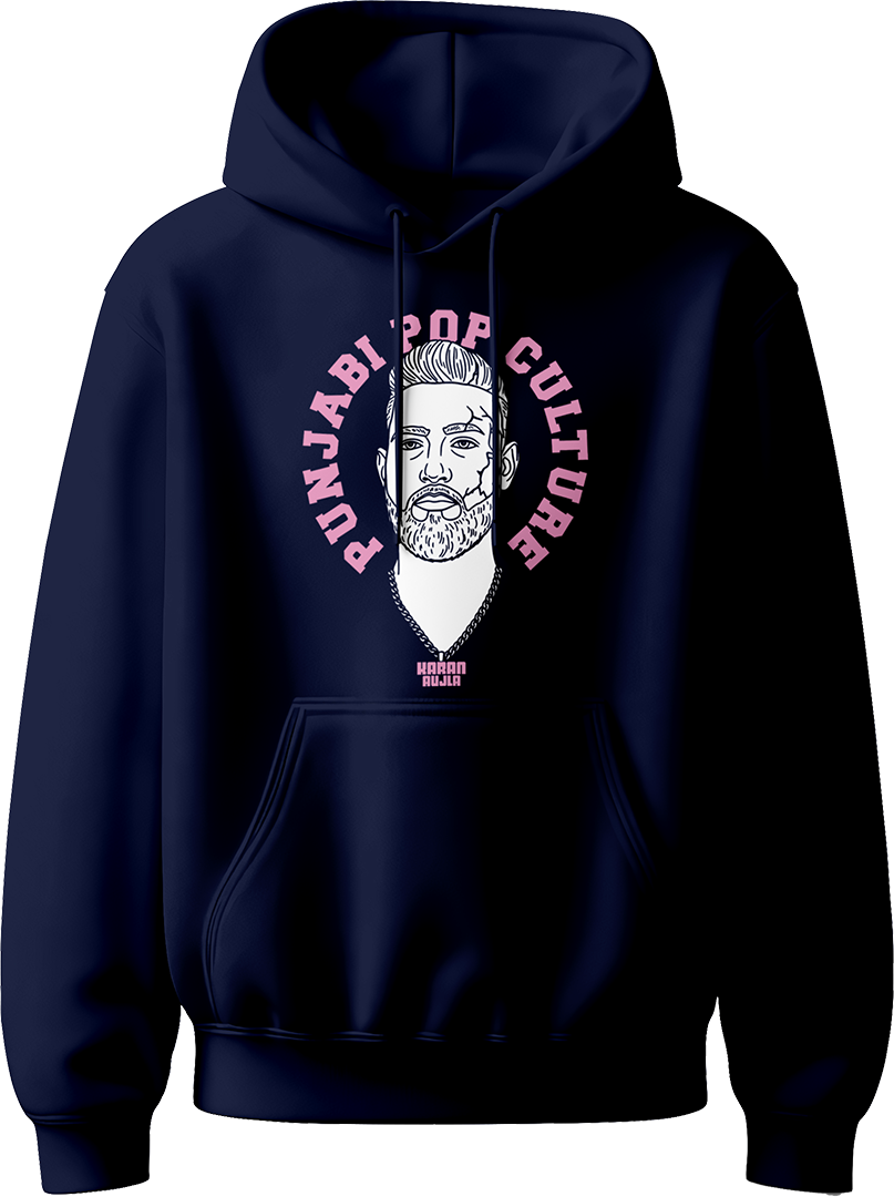 unisex hoodie with pink 'Punjabi Pop Culture' text and line-art portrait inspired by Karan Aujla.