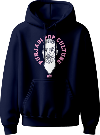 unisex hoodie with pink 'Punjabi Pop Culture' text and line-art portrait inspired by Karan Aujla.