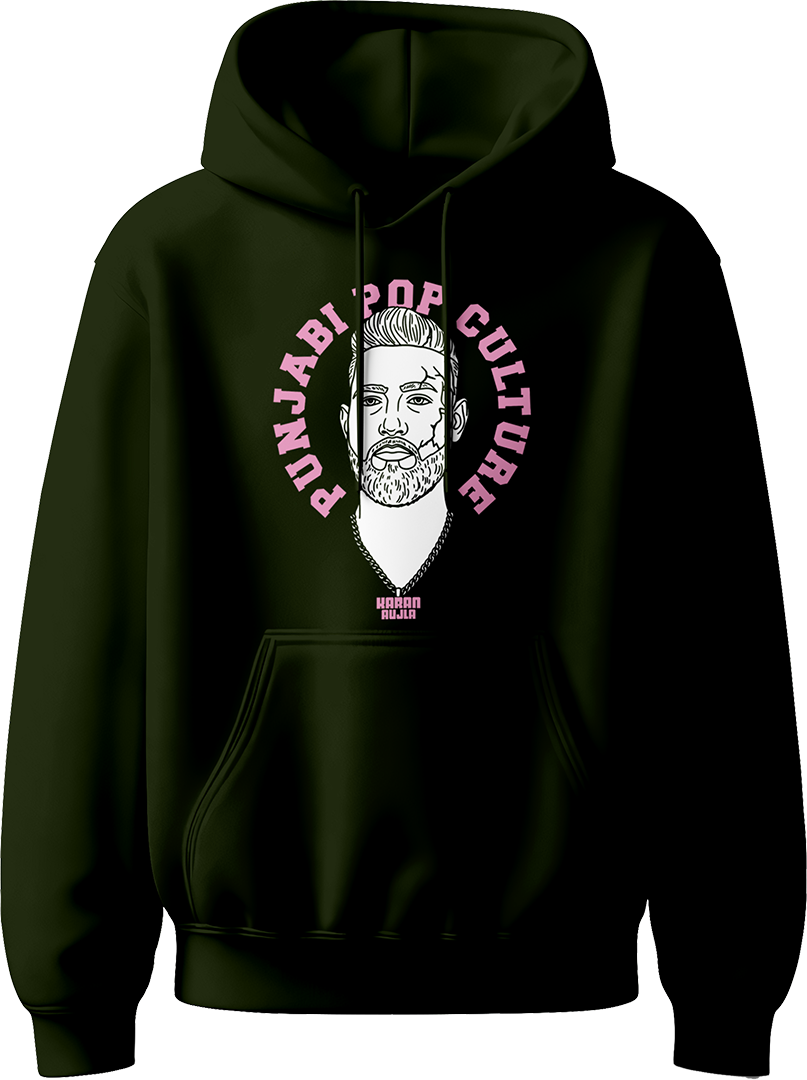 unisex hoodie with pink 'Punjabi Pop Culture' text and line-art portrait inspired by Karan Aujla.