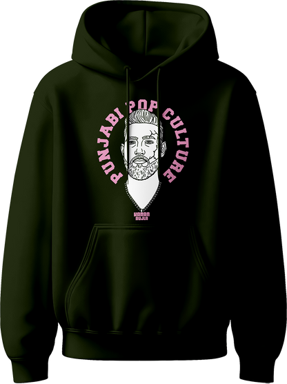 unisex hoodie with pink 'Punjabi Pop Culture' text and line-art portrait inspired by Karan Aujla.