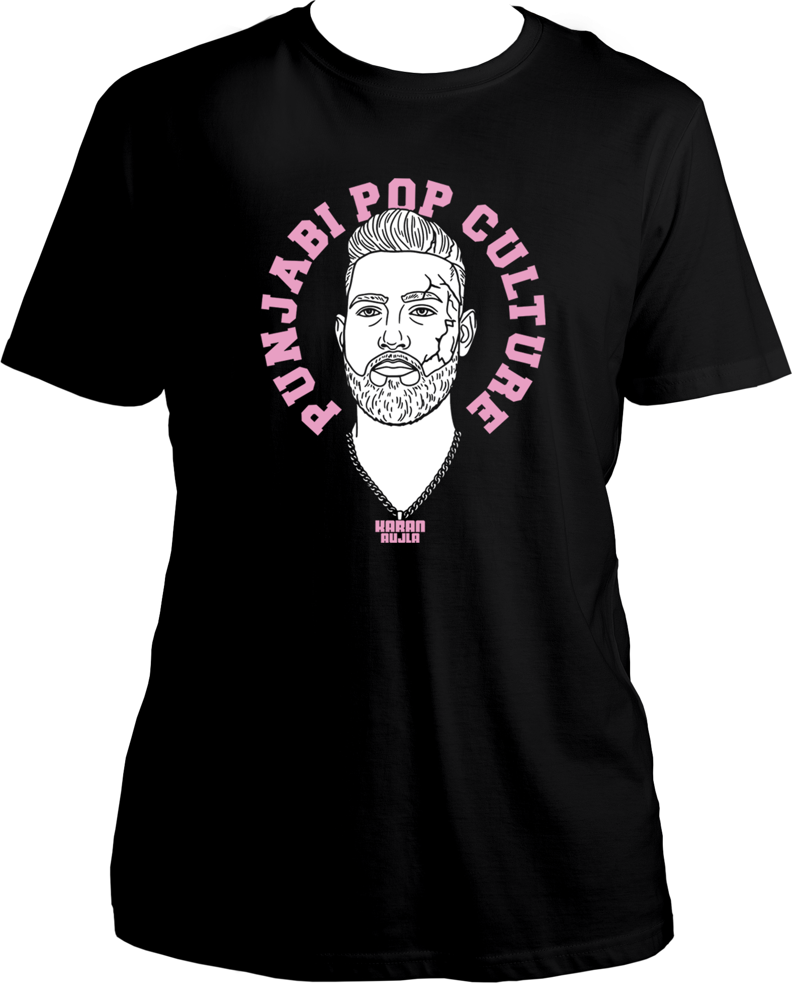 unisex t-shirt with pink 'Punjabi Pop Culture' text and line-art portrait inspired by Karan Aujla