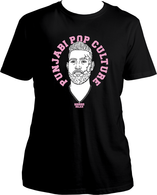 unisex t-shirt with pink 'Punjabi Pop Culture' text and line-art portrait inspired by Karan Aujla