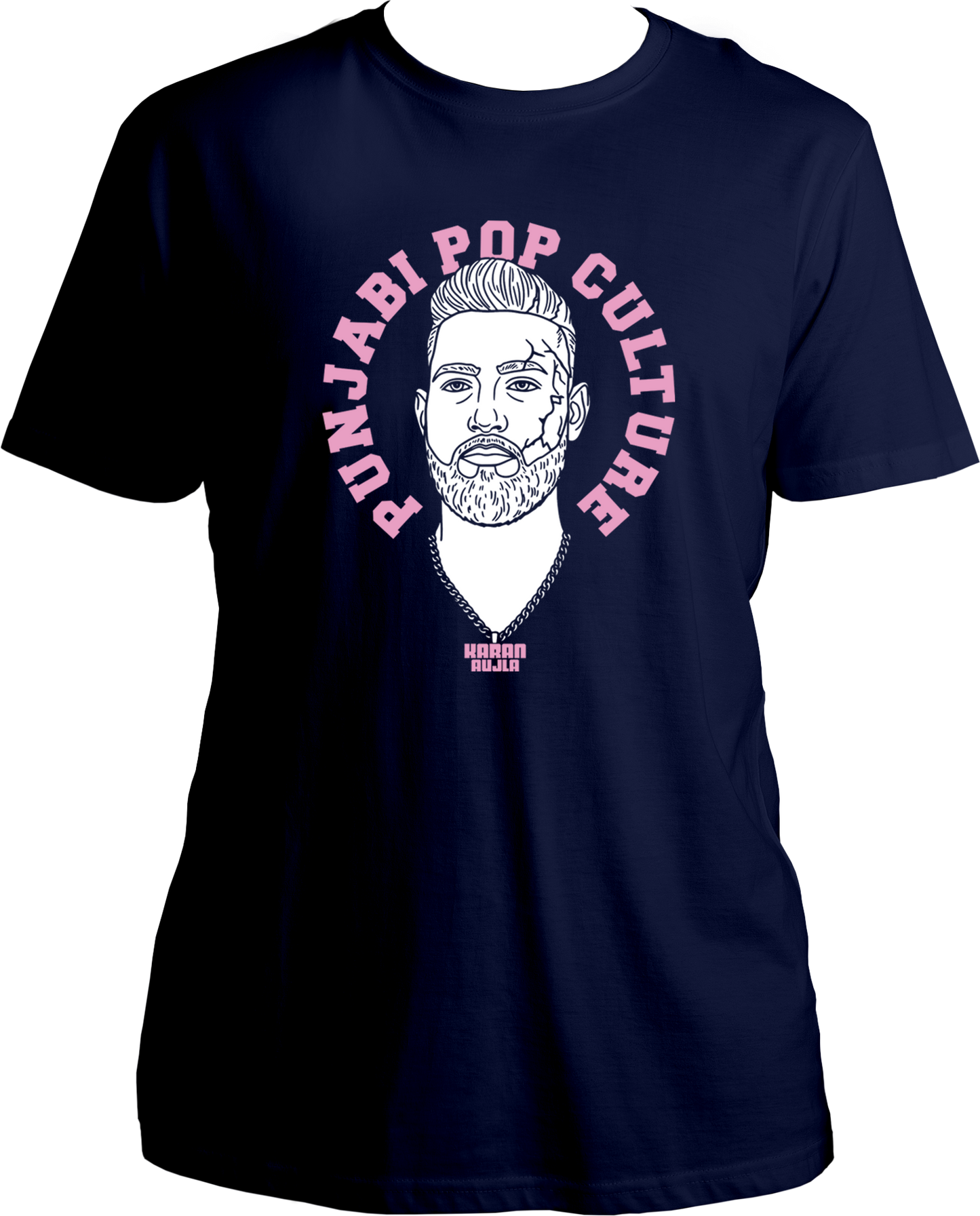 unisex t-shirt with pink 'Punjabi Pop Culture' text and line-art portrait inspired by Karan Aujla