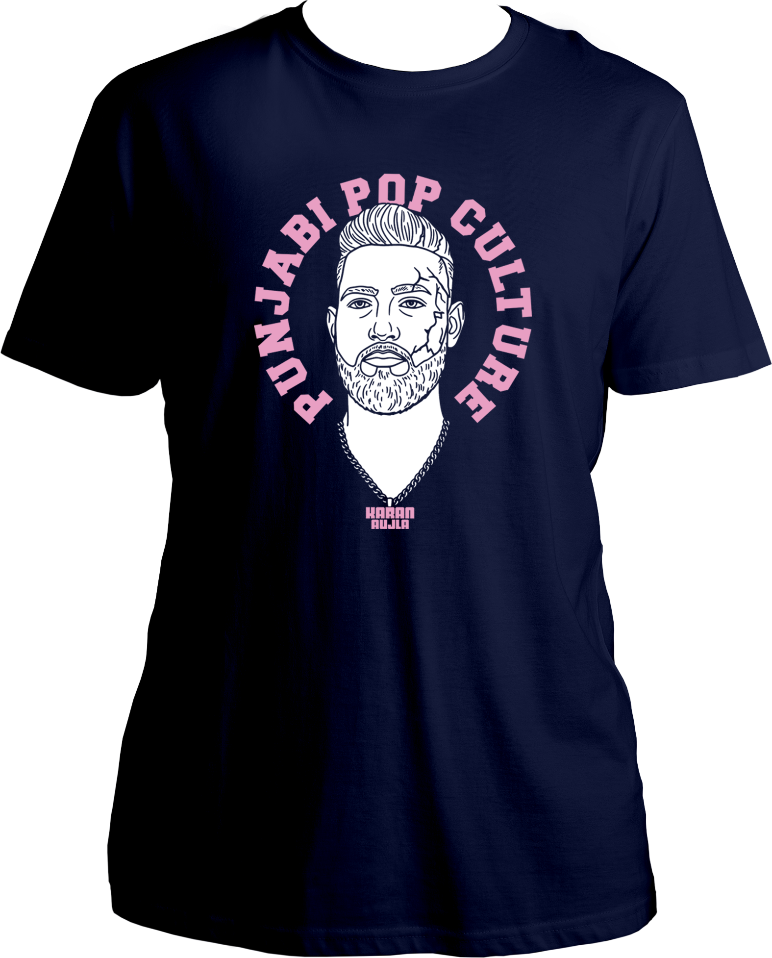 unisex t-shirt with pink 'Punjabi Pop Culture' text and line-art portrait inspired by Karan Aujla