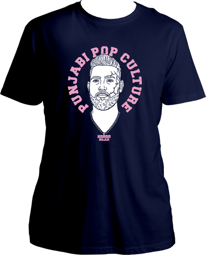 unisex t-shirt with pink 'Punjabi Pop Culture' text and line-art portrait inspired by Karan Aujla