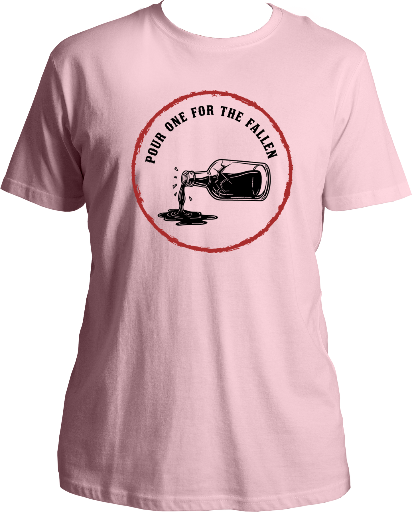 unisex cotton t-shirt with illustration of a bottle pouring liquid and text “Pour One for the Fallen” in a red vintage circle – Garrari Brand.