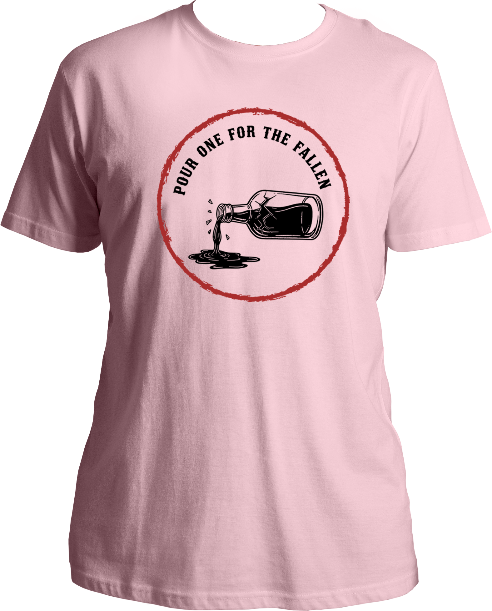 unisex cotton t-shirt with illustration of a bottle pouring liquid and text “Pour One for the Fallen” in a red vintage circle – Garrari Brand.