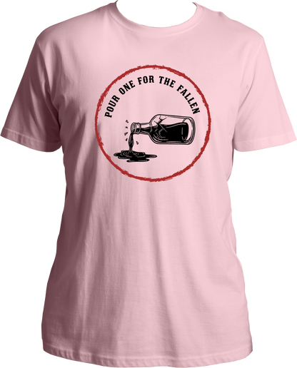 unisex cotton t-shirt with illustration of a bottle pouring liquid and text “Pour One for the Fallen” in a red vintage circle – Garrari Brand.