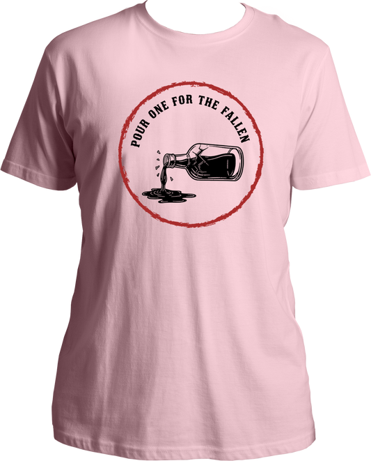 unisex cotton t-shirt with illustration of a bottle pouring liquid and text “Pour One for the Fallen” in a red vintage circle – Garrari Brand.