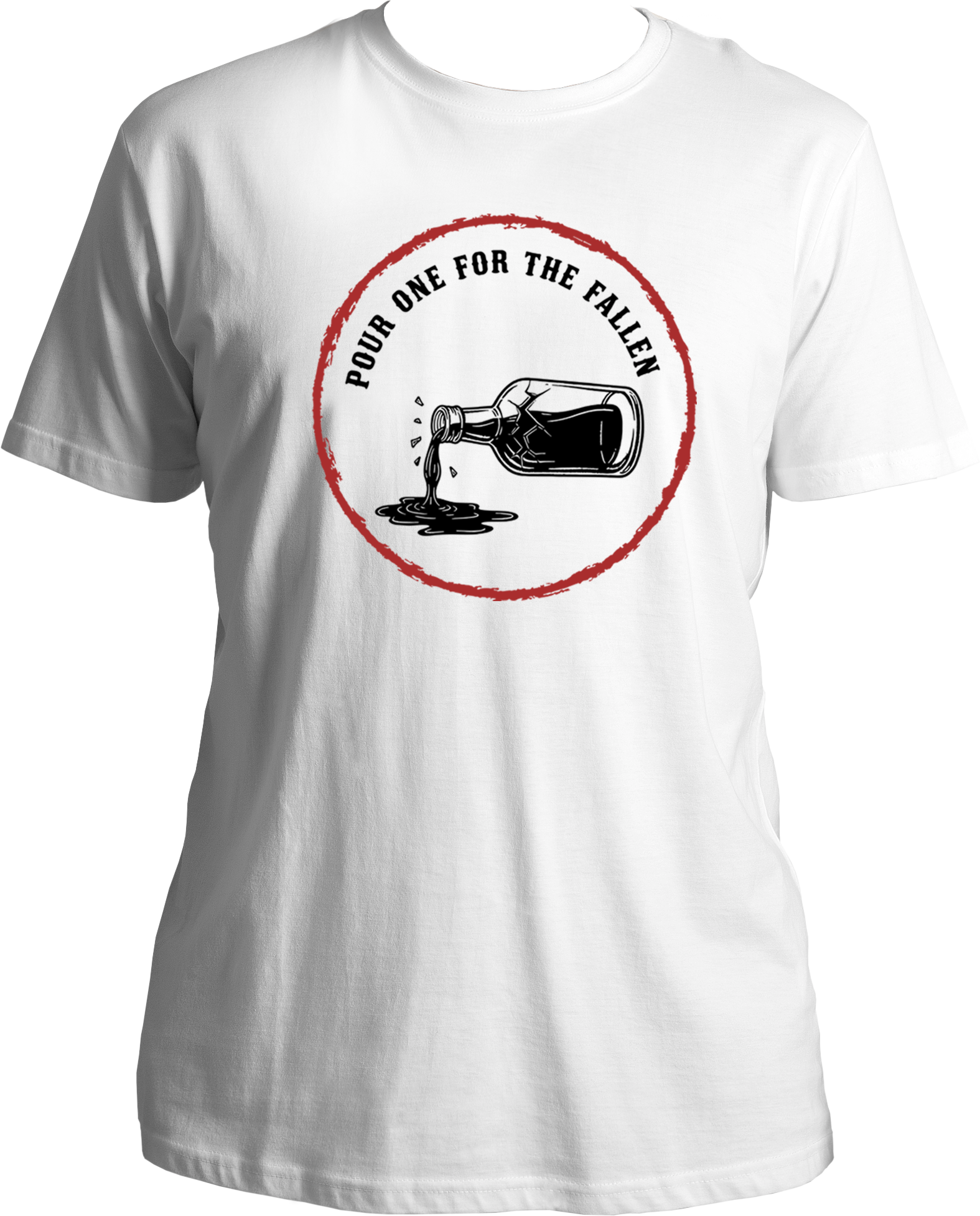 unisex cotton t-shirt with illustration of a bottle pouring liquid and text “Pour One for the Fallen” in a red vintage circle – Garrari Brand.