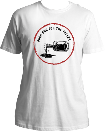 unisex cotton t-shirt with illustration of a bottle pouring liquid and text “Pour One for the Fallen” in a red vintage circle – Garrari Brand.