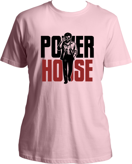 Coolie Power House baby pink regular fit t-shirt with bold red and white typography and walking pose graphic