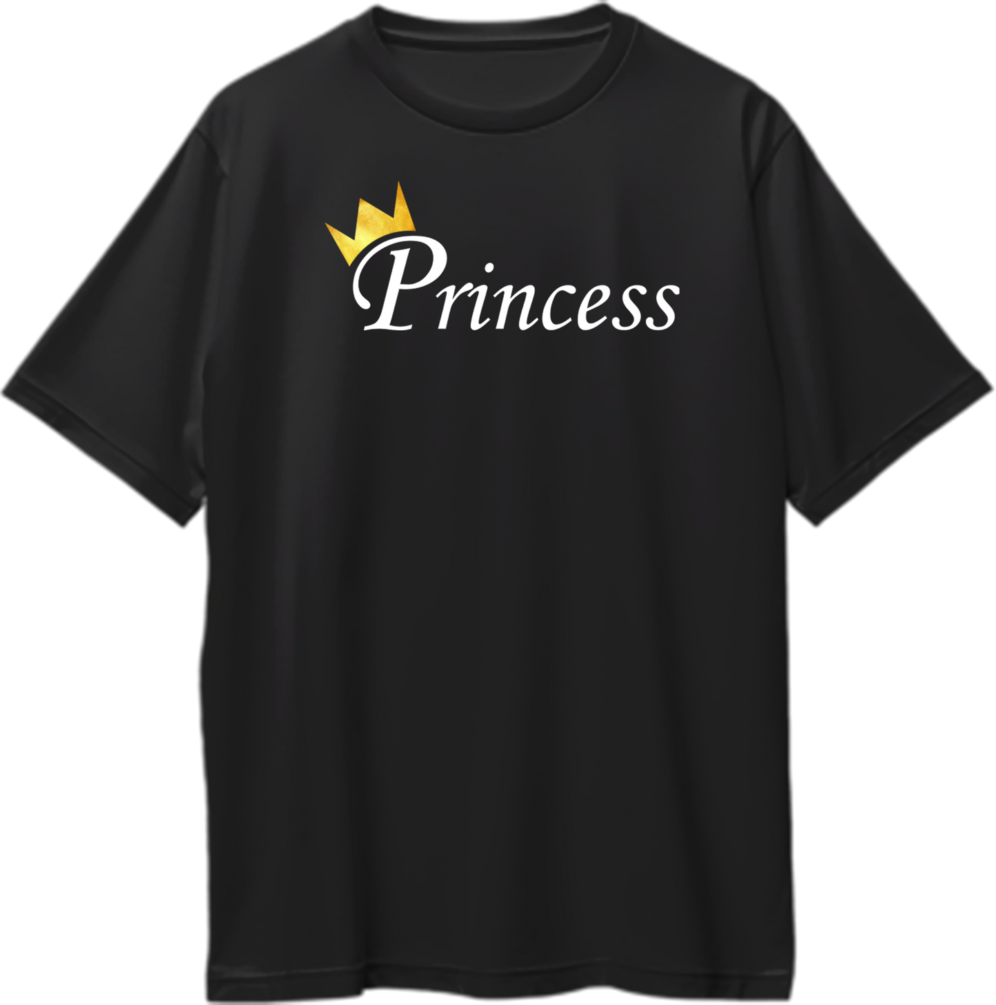 Princess Oversized T-Shirt with white Princess typography and golden crown graphic on black
