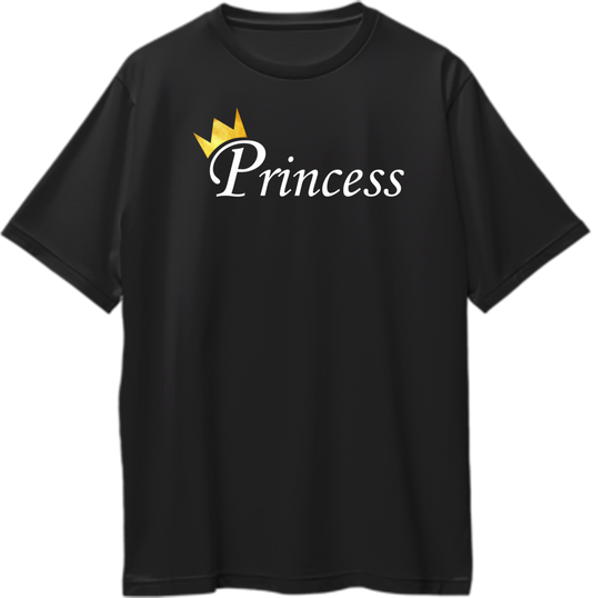Princess Oversized T-Shirt with white Princess typography and golden crown graphic on black