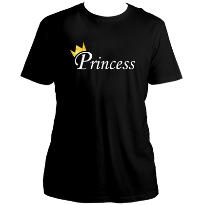 Black Princess Unisex T-Shirt with white Princess text and golden crown