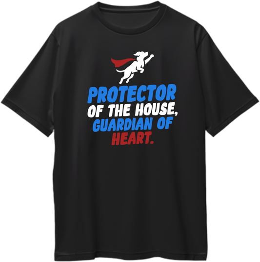 Protector of the House Dog Lover Oversized T-Shirt by Garrari with superhero dog and Guardian of Heart graphic for pet parents