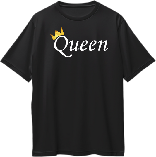 Queen Oversized T-Shirt with white Queen typography and golden crown graphic on black