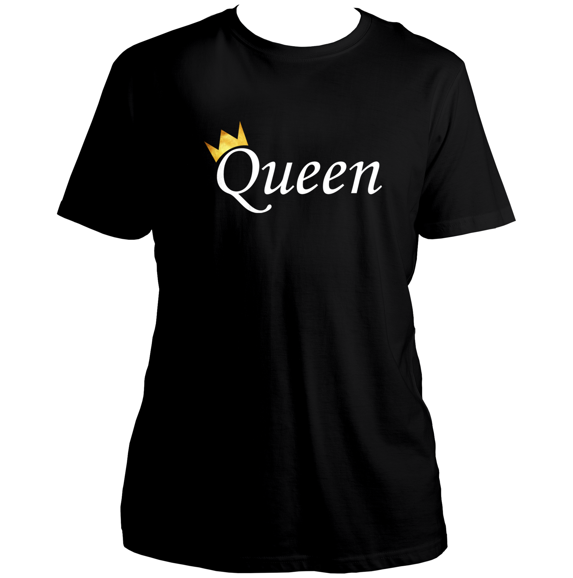 Black Queen Unisex T-Shirt with Queen text and golden crown graphic