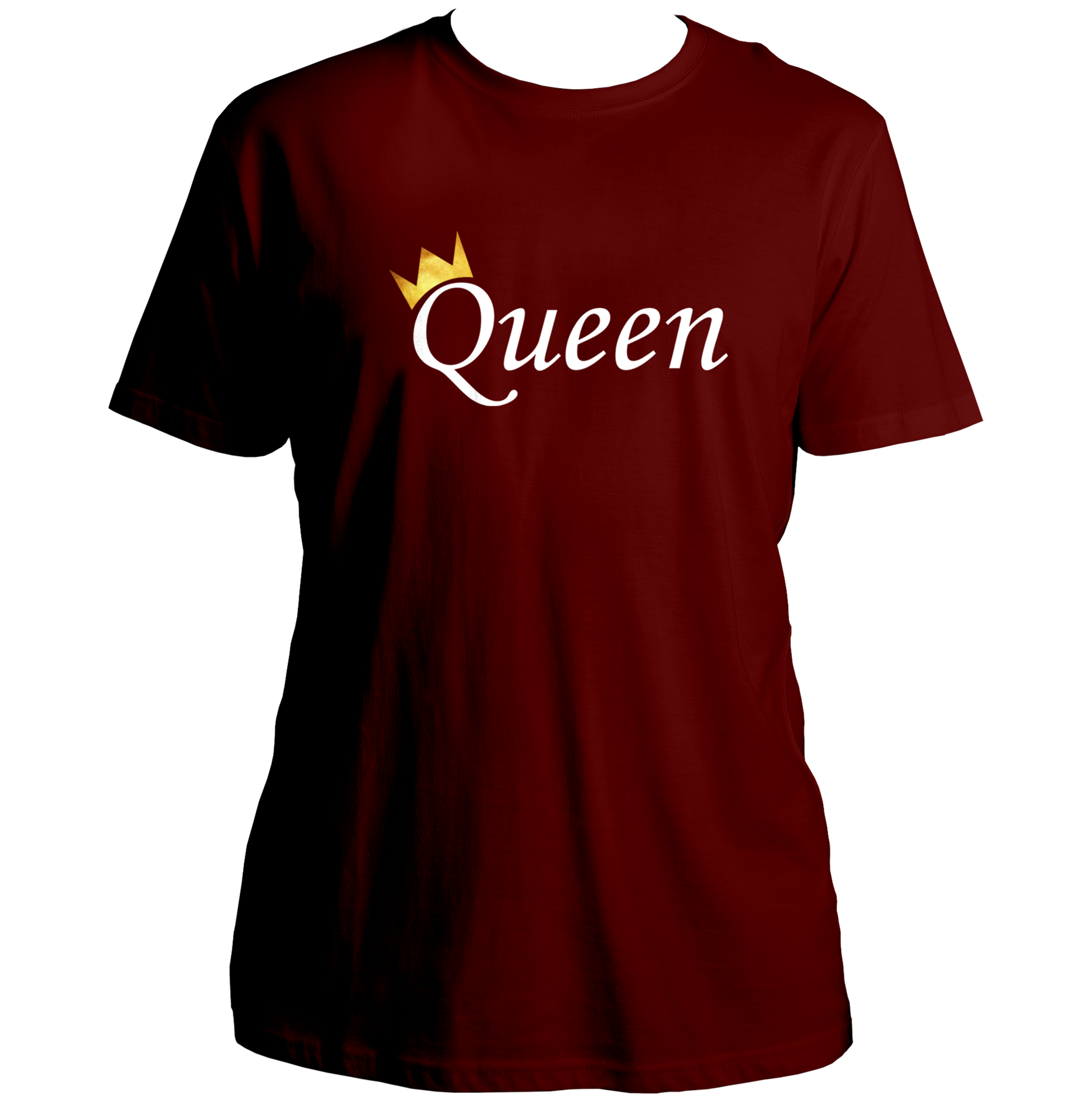 Maroon Queen Unisex T-Shirt with white Queen typography and golden crown