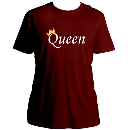 Maroon Queen Unisex T-Shirt with white Queen typography and golden crown